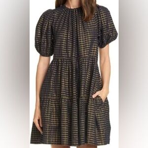 Ulla Johnson Navy Gold plaid “Dion” babydoll dress